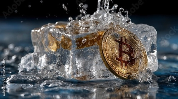 Fototapeta Bitcoin Coin Embedded in Ice Cube with Water Splash Close Up