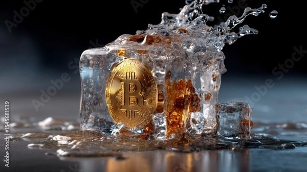 Fototapeta Bitcoin Embedded in Ice Cube Melting with Splash in Close-Up View