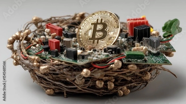 Fototapeta Golden Coin Nest: Technology and Cryptocurrency Fusion Concept