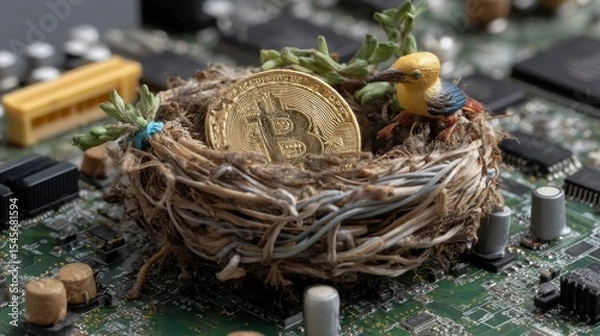 Fototapeta Bitcoin Nest on Circuit Board with Bird and Natural Elements