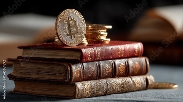 Fototapeta Bitcoin Coin on Stack of Vintage Books for Financial Education
