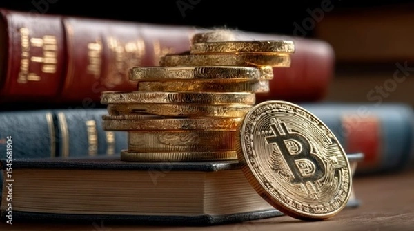 Fototapeta Bitcoin Coins Resting on Top of a Stack of Vintage Leather Books