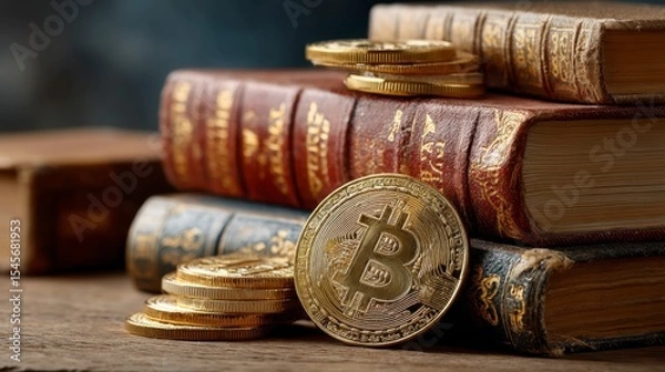 Fototapeta Bitcoin Coin Placed on Top of Stack of Vintage Books on Table