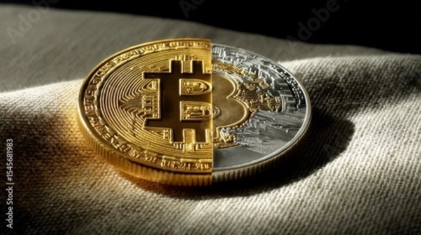 Fototapeta Half Gold and Half Silver Bitcoin Coin with Dramatic Lighting Effects