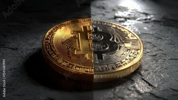 Fototapeta Bitcoin Coin with Artistic Split Lighting Showcasing Gold and Dark Side
