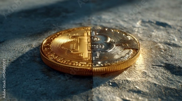 Fototapeta Half Gold Bitcoin Coin on Stone Surface with Dramatic Lighting