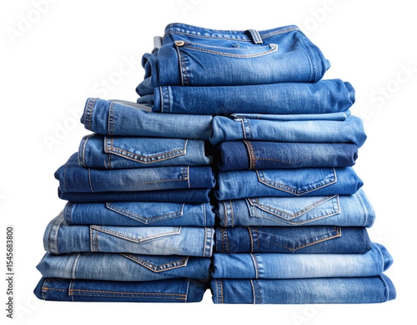 Fototapeta Neatly Folded Stack of Blue Denim Jeans, Front View, Transparent Background