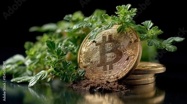 Fototapeta Close Up of Bitcoin Coin Surrounded by Small Green Plants