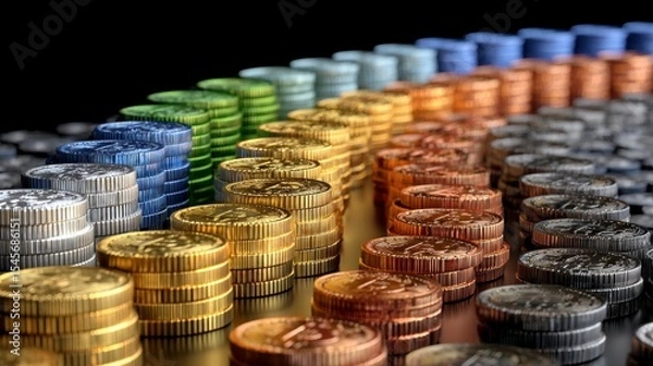 Fototapeta Vibrant Spectrum of Coins Displayed in Multiple Rows on Dark Background