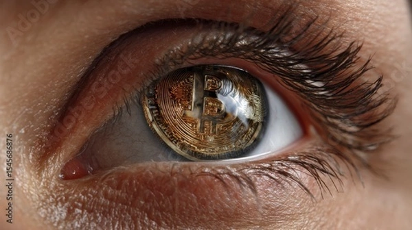 Fototapeta Extreme Close-Up of Eye with Bitcoin Reflection for Stock Photography