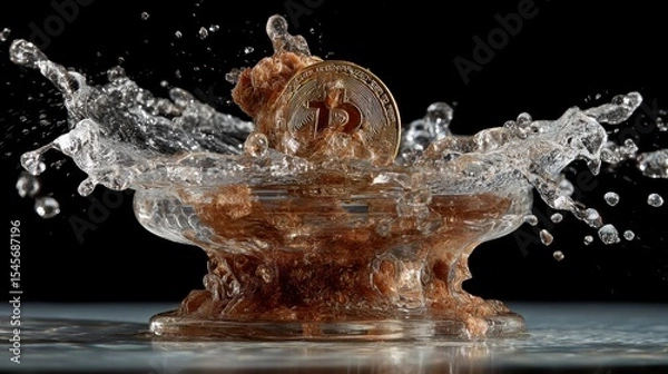 Fototapeta Bitcoin Coin Splashing in Water, Captured Moment of Dipping