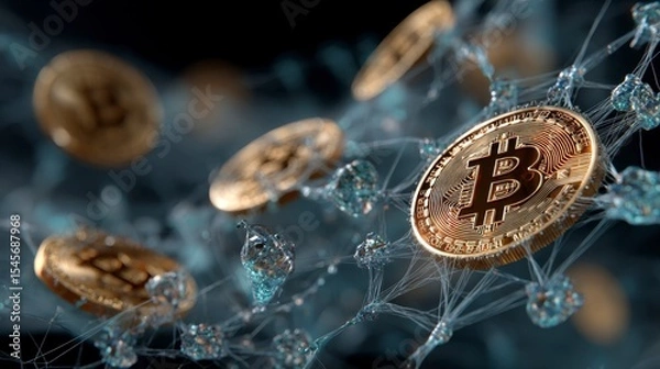 Fototapeta Close-Up of Bitcoin Coins in a Spider Web Design Concept