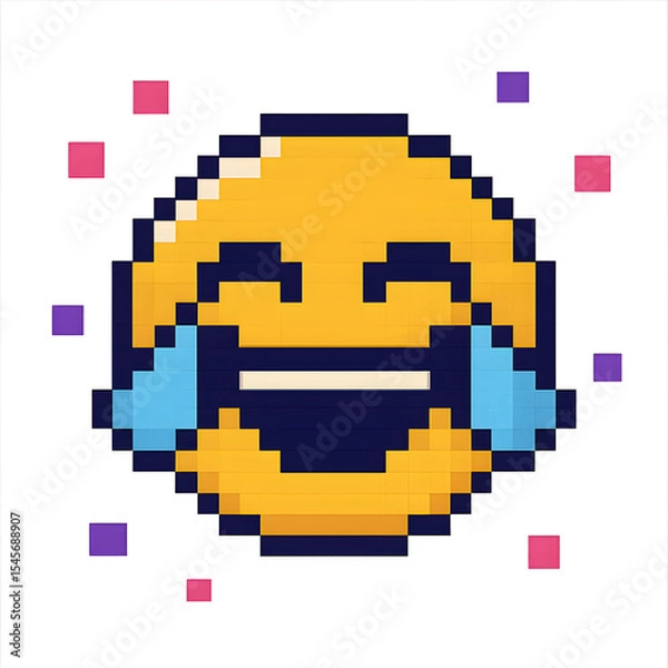 Obraz 8‑bit pixel art of a laughing emoji with pixelated tears and confetti on transparent background, ideal for social media graphics.