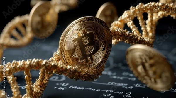 Fototapeta Bitcoin Coins Arranged in Double Helix Pattern with Mathematical Background