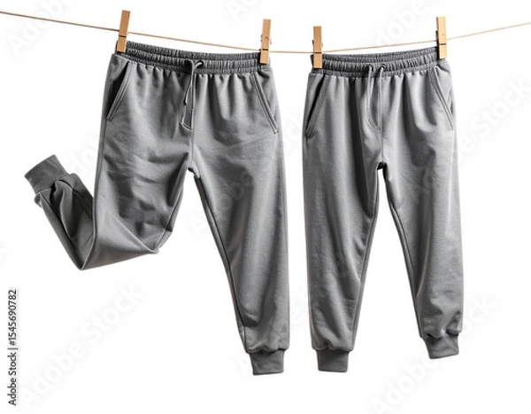Fototapeta Side View of Hanging Joggers with Wrinkled Fabric and Drop Shadow, Transparent Background
