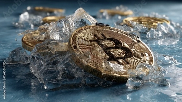 Fototapeta Bitcoin Coins Partially Covered with Melting Ice on Water Surface