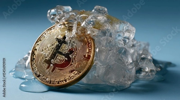 Fototapeta Bitcoin Coin Partially Covered with Melting Ice on Blue Surface