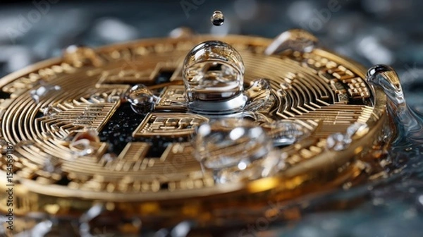 Fototapeta Close-Up of Water Droplets on Bitcoin Coin Surface