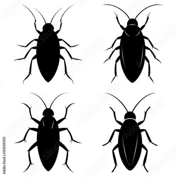 Fototapeta Four black cockroach silhouettes arranged in a square pattern on a white background graphic design image