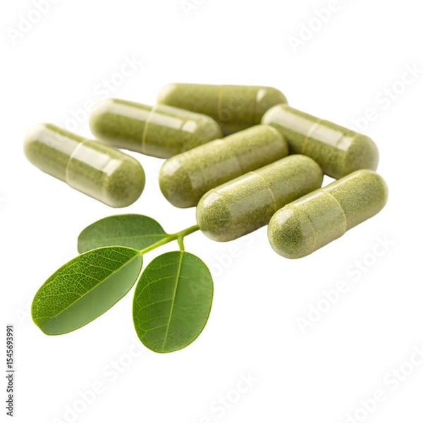 Obraz Finely organic dried Moringa leave powder in capsule with green leave isolated on a transparent background