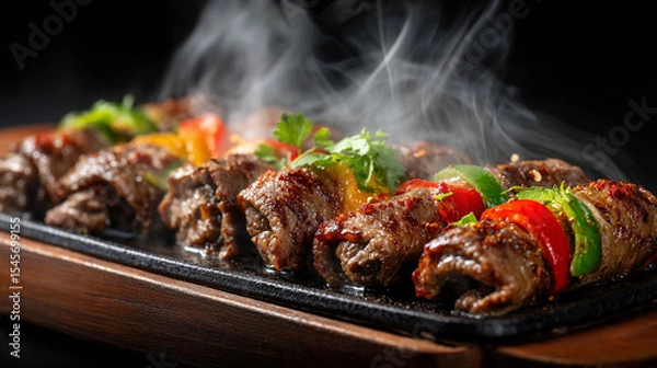 Fototapeta Close up of steaming beef kebabs with peppers and herbs on a dark background