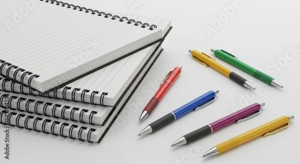 Fototapeta Stack of White Spiral Notebooks and Colorful Pens on White Desk
