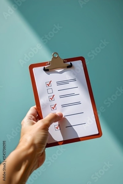 Fototapeta hospital services, hand showing clipboard with checklist icon, patient intake identity, flat style visual, close up with soft shadow