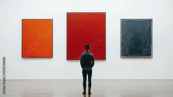 Fototapeta Individual Observing Abstract Art Paintings on Gallery Wall in Modern Exhibition Space with Vibrant Colors and Minimalistic Design Elements