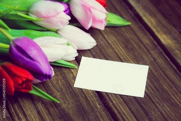 Obraz Flat design is showing multicolored tulip cluster on wooden slatted table with blank white card