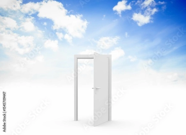 Obraz White door frame is opening onto bright blue sky in flat design, merging ground with clouds