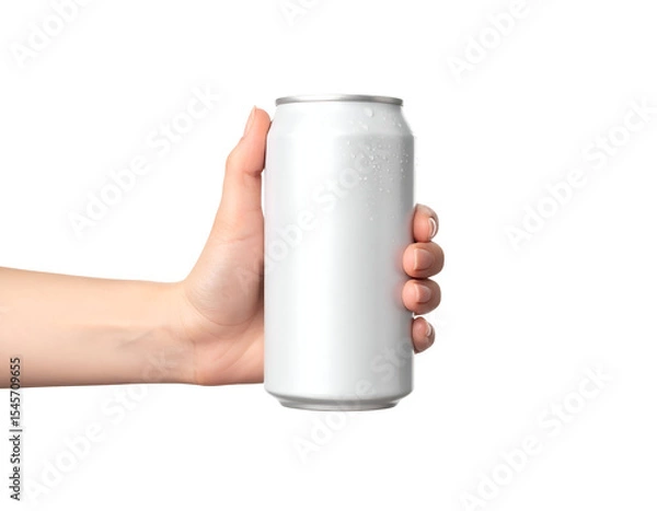 Fototapeta Hand holding a plain white can in natural light