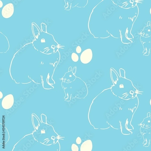 Fototapeta Seamless flat design pattern is showing white rabbit lines with oval shapes on sky blue background