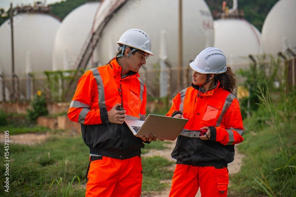 Fototapeta Petroleum Engineer working at the oil refinery industry plant, discuss and meeting brainstorm session