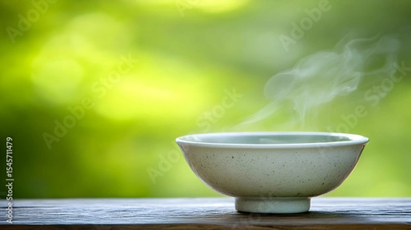 Obraz Bowl of Hot Drink on Wooden Surface with Steam