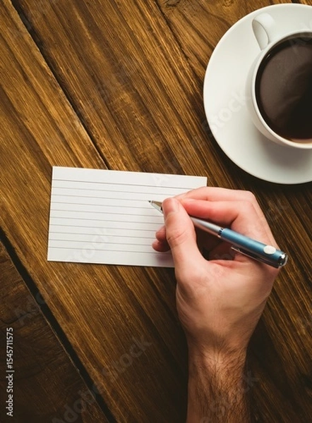 Fototapeta Cropped hand writing on paper at desk with coffee cup