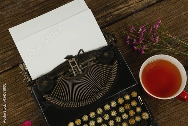 Obraz Typewriter and flowers on table