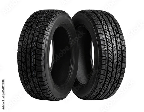 Fototapeta Two Snow Tires Leaning Together at an Angle with Shadow Depth, Side View, Transparent Background