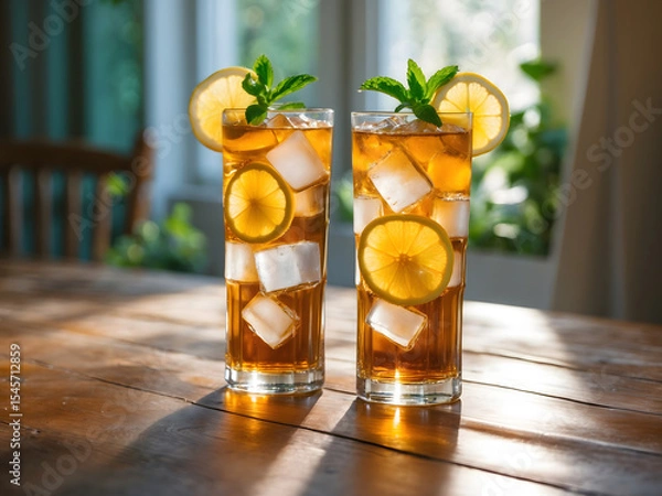 Obraz Close-up of a cold glass of iced tea and lemonade in wooden table. Special Summer Drink. Ai Generative