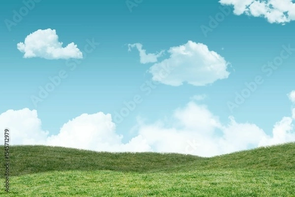 Fototapeta Flat design illustration showing rolling grassy hills with scattered white clouds in blue sky