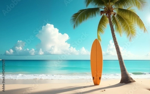 Fototapeta Surfboard and palm tree on beach background. High quality