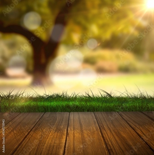 Fototapeta Wooden deck is showing flat design sunlit backyard with green grass, blurred tree trunk, lens flare
