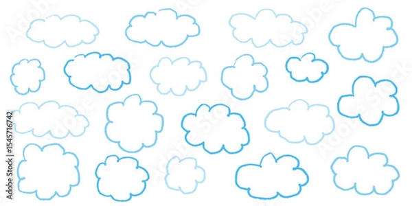Fototapeta Hand drawn sky background with crayon texture clouds and pastel stars. Cute pencil style illustration in blue with brush paint elements. Child doodle sky shapes for cartoon or educational design.