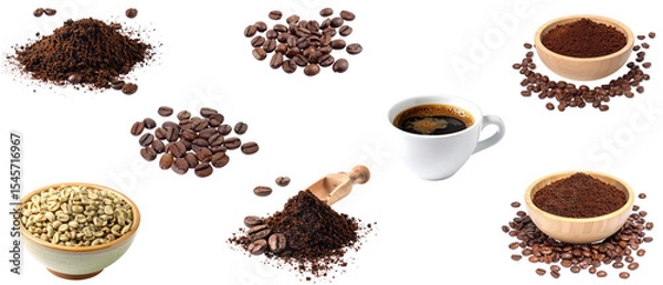 Obraz Flat composition showing the coffee cycle from raw green coffee beans, roasted coffee beans and ground coffee to a cup of brewed coffee, isolated on a transparent background.