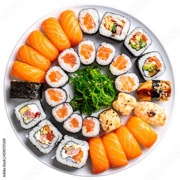 Fototapeta Top view of sushi on a plate isolated on transparent background, object, cut out