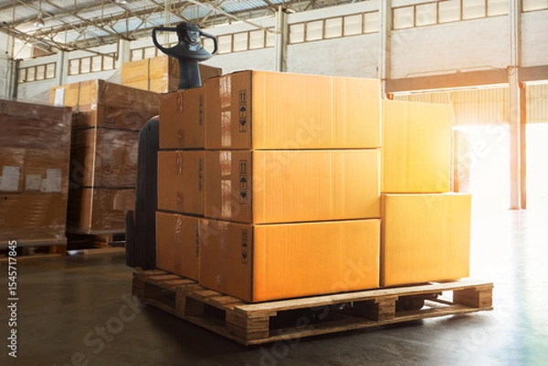 Fototapeta Bulk of Package Boxes in Warehouse. Forklift Pallet Jack Loader. Cartons, Cardboard Boxes. Storage Warehouse. Supply Chain, Supplies Goods Shipment. Shipping Warehouse Logistics.	
