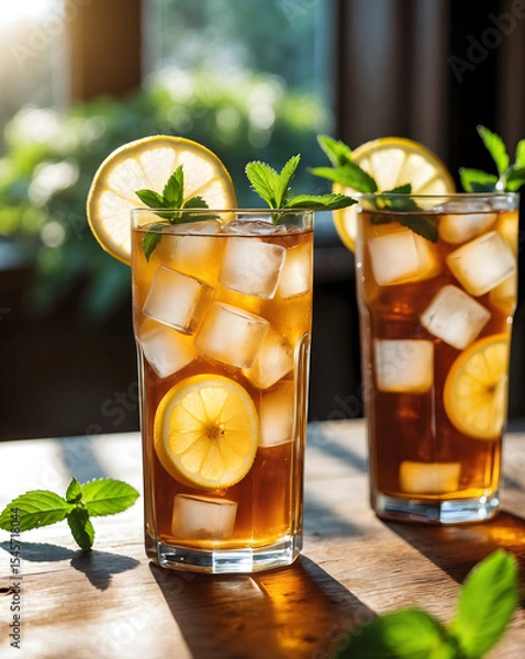 Obraz Close-up of a cold glass of iced tea and lemonade in wooden table. Special Summer Drink. Ai Generative