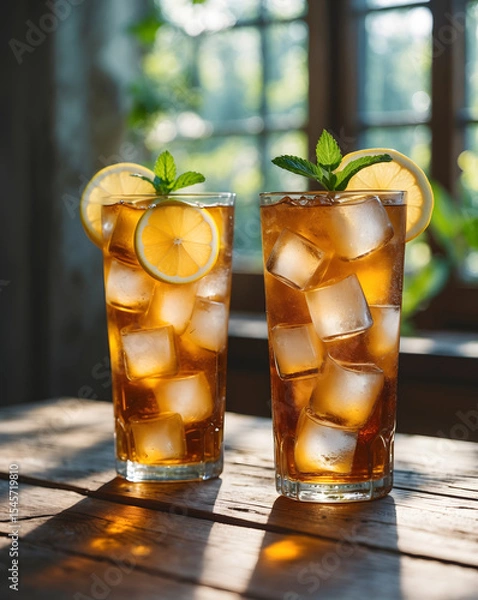 Obraz Close-up of a cold glass of iced tea and lemonade in wooden table. Special Summer Drink. Ai Generative