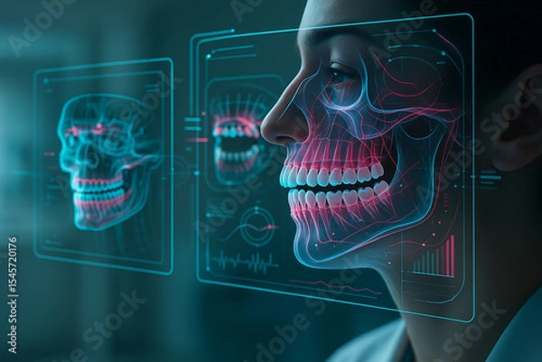 Fototapeta AI generated futuristic 3D dental interface shows detailed jaw and tooth structure with overlapping holographic scans and biometrics in a high tech clinical analysis environment