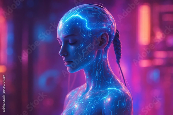Fototapeta AI generated portrait of a feminine humanoid android with glowing blue circuits and closed eyes set against a soft neon futuristic background