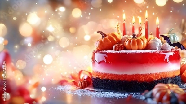 Fototapeta Festive Halloween cake with candles, pumpkins, bokeh background